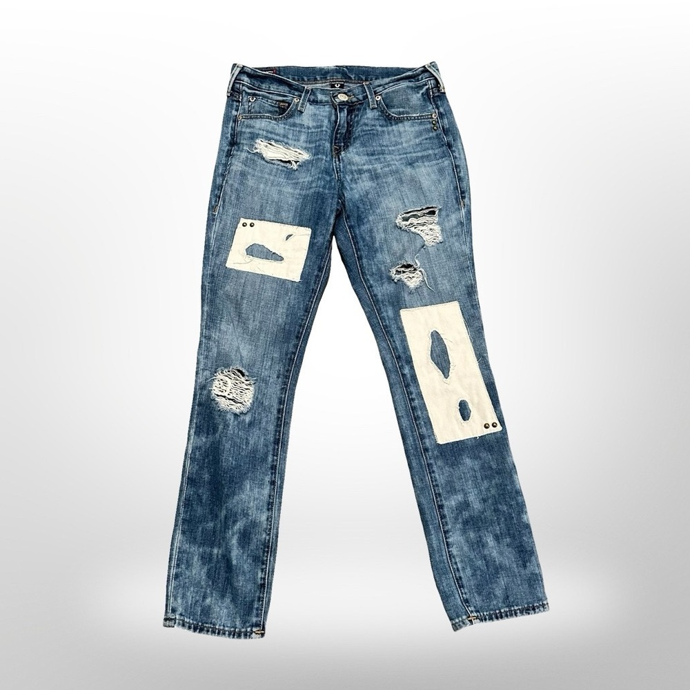 True Religion Cameron Slim Boyfriend Distressed Patchwork Jeans Size 25